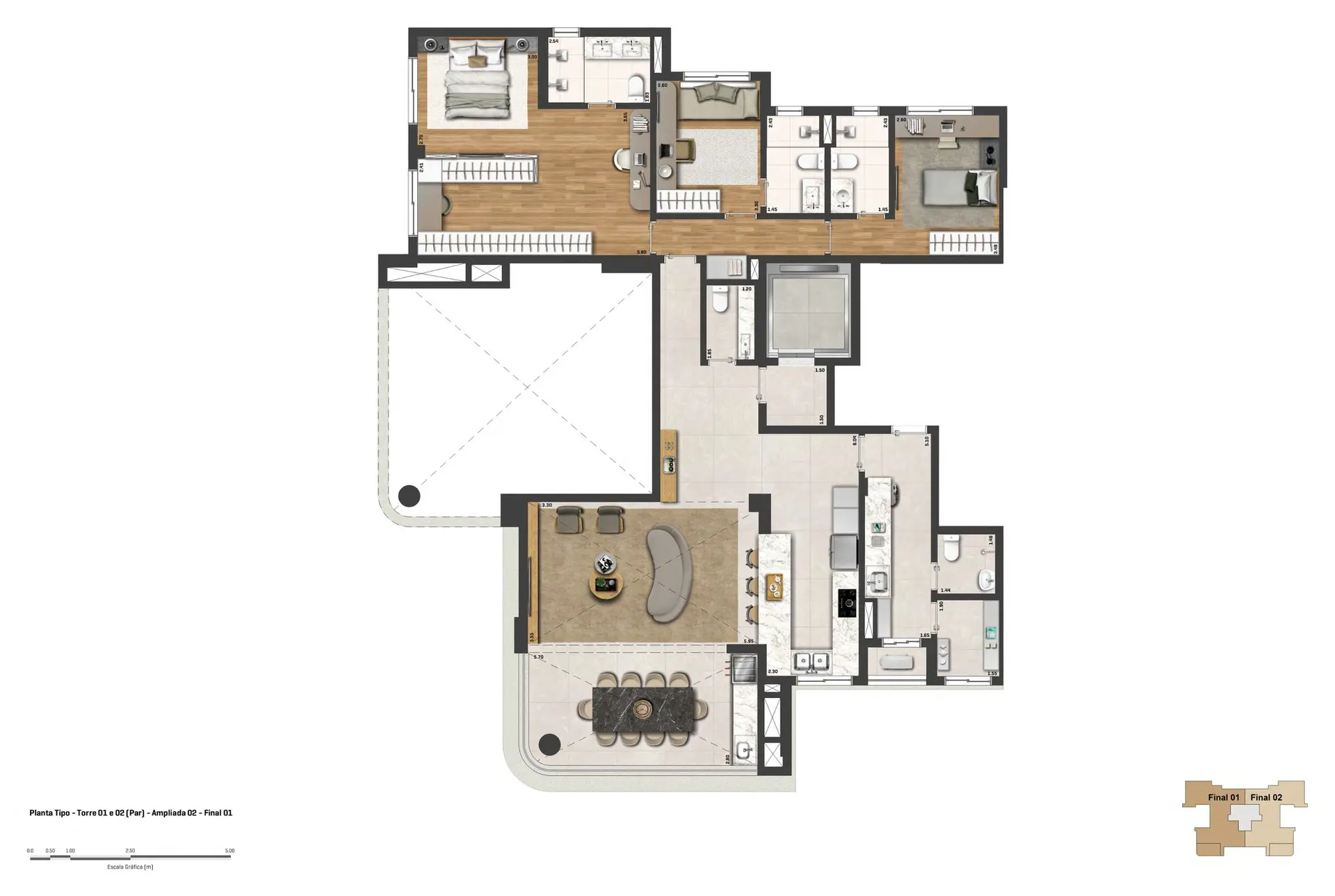 Torres 1 e 2 · 174 m² · opção ampliada com 3 suítes · andar par