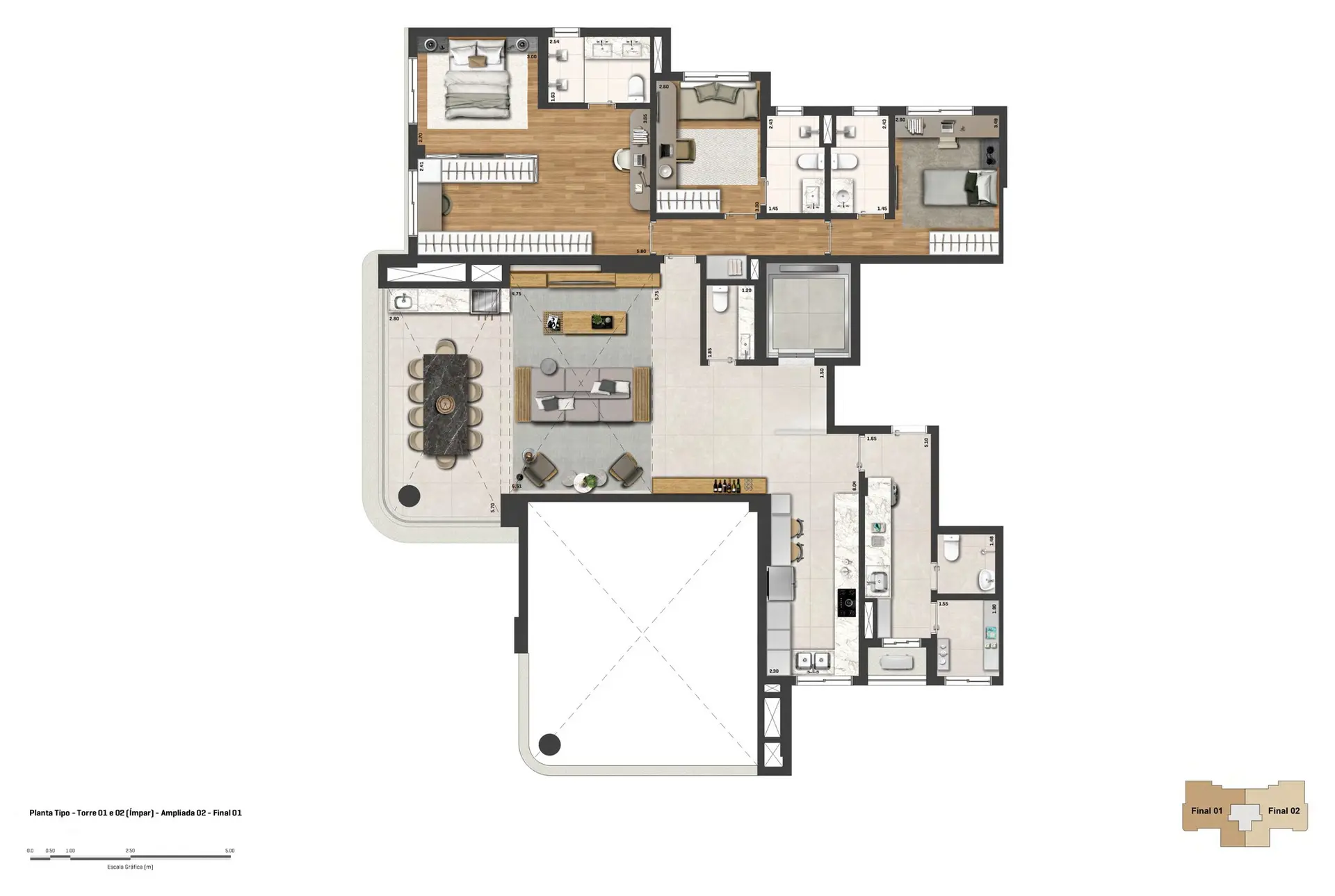 Torres 1 e 2 · 174 m² · opção ampliada com 3 suítes · andar ímpar